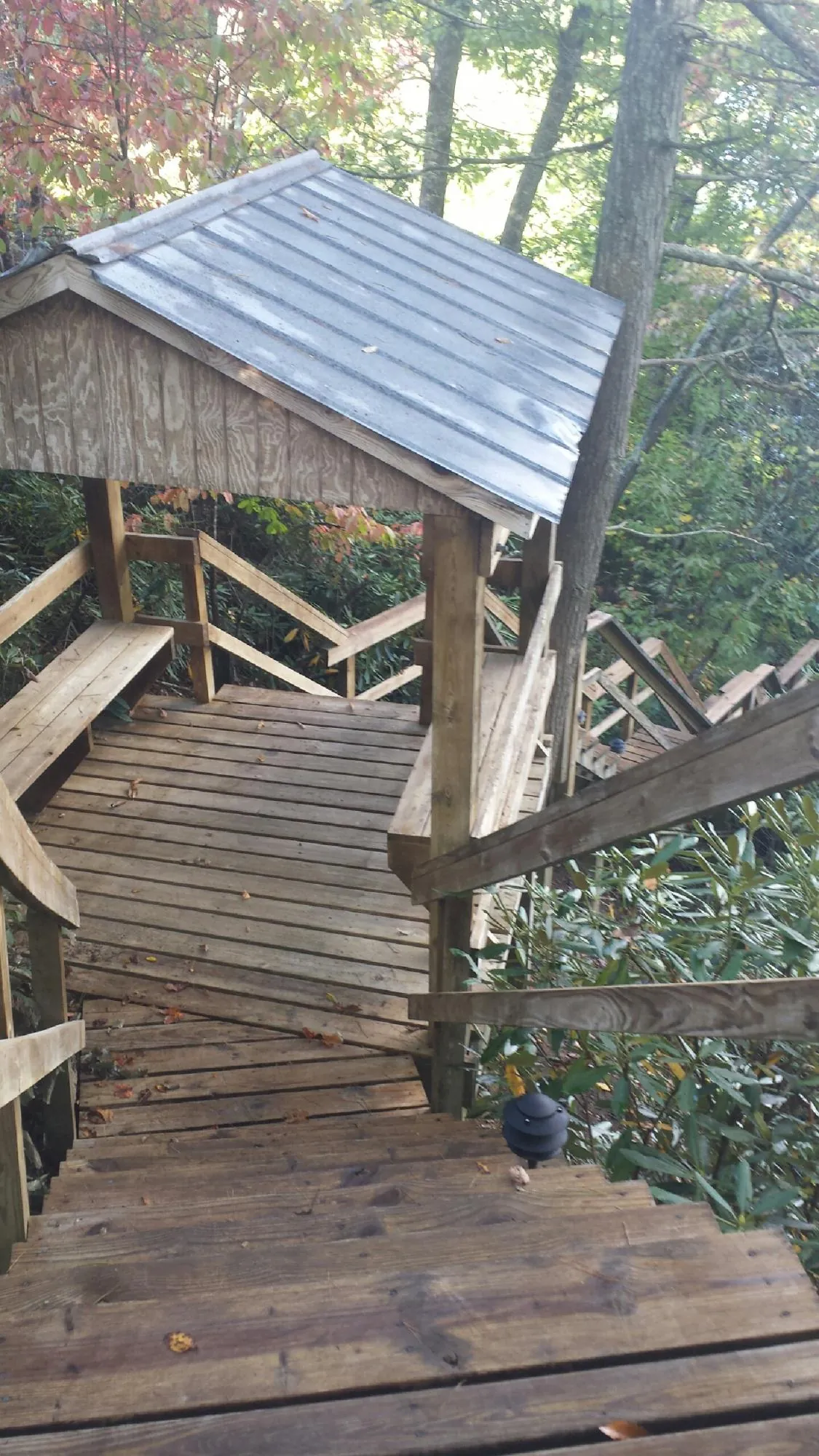 Metal roofed shelter over wooden steps on a wooded walkway — Skylight Repair & Installation work by our crew in Skaneateles